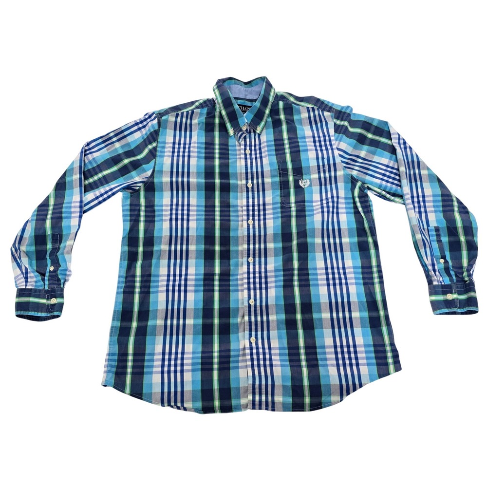 Chaps Mens L Blue Green Plaid Stretch Easy Care Long Sleeve Button‎ Down Shirt